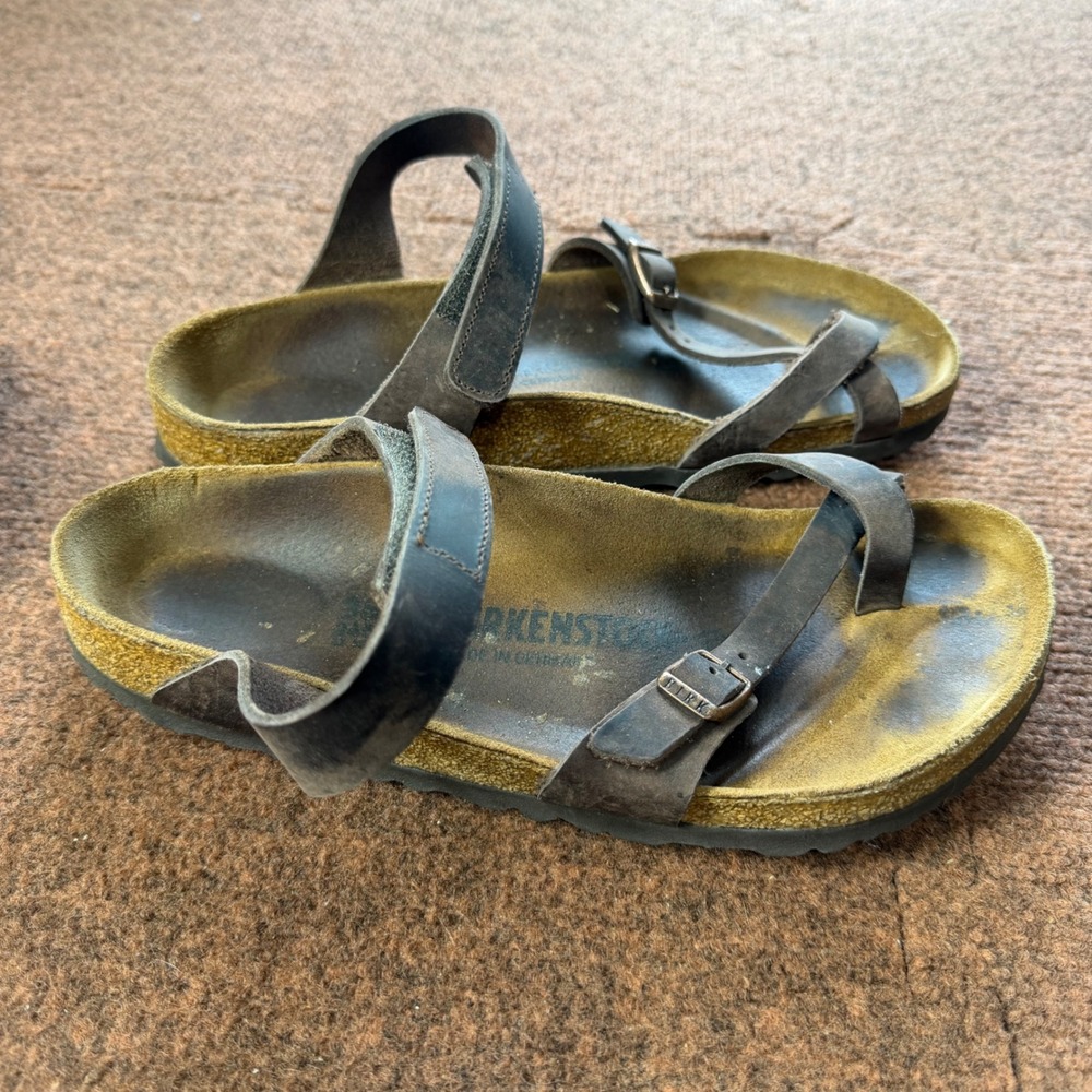 B+ Birkenstock Yara Oiled Leather Sandals Tobacco Brown Ankle Strap Womens 38 L7